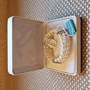 Honora Fresh Water Oval Cultered Pearl Bracelet 3 strand w 3 Swarovski CZ Bars